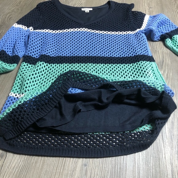 Croft & Barrow Open Knit Sweater Womens Medium Stripes Crochet Lined V Neck - Picture 4 of 11